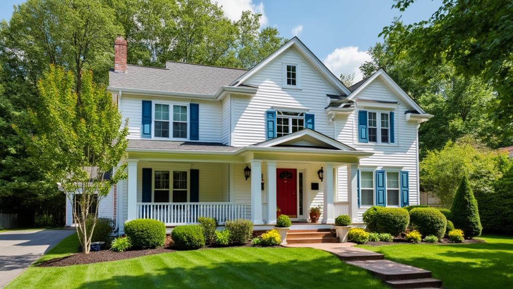 A well-maintained two-story house with white siding, blue shutters, and a red door, ready to be sold.