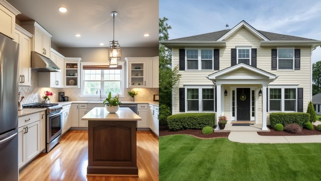 A modern kitchen and a suburban house.