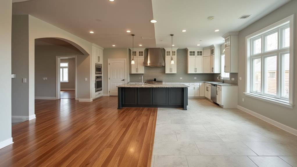 A modern kitchen with contrasting wood and tile flooring.